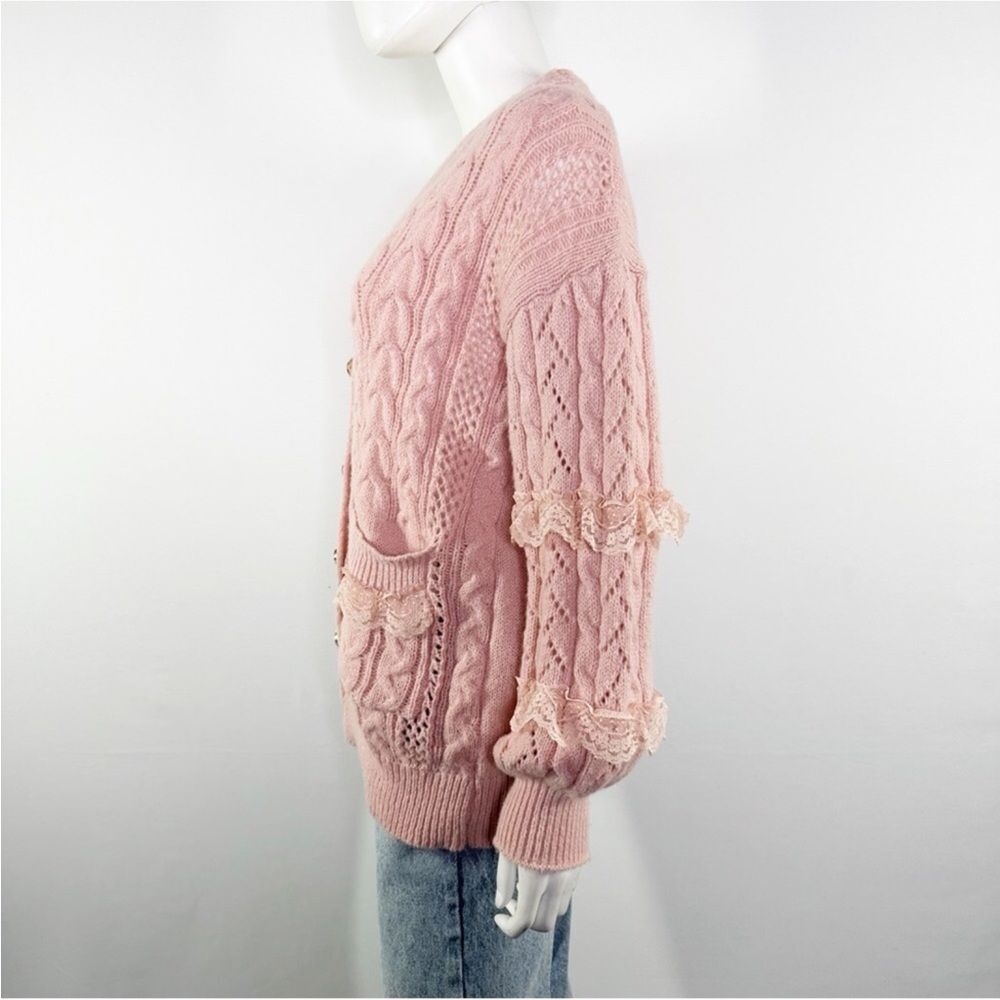 Romwe Kawaii Pink Cable Knit Lace Pearl Button Down Sweater Cardigan S - Picture 4 of 12